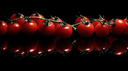 A striking arrangement of fresh red tomatoes on the vine, glistening with water droplets, creates a stunning visual against a black background.の素材