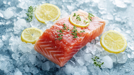 A vibrant salmon fillet resting on a bed of ice, garnished with lemon slices and fresh herbs, perfect for culinary use and presentation.の素材