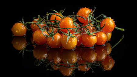 A visually striking arrangement of fresh cherry tomatoes adorned with glistening water droplets, set against a black background. The reflection adds depth and allure.の素材