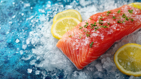 A vibrant raw salmon fillet sits on a bed of ice, decorated with fresh lemon slices, ready for cooking or culinary presentation, showcasing freshness and quality.の素材