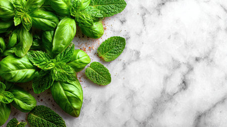 Bright and vibrant, this image of fresh basil and mint leaves on a marble surface captures the essence of culinary freshness and natural beauty.の素材