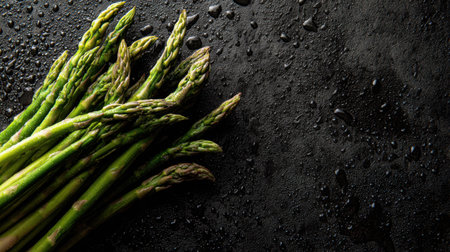 Fresh green asparagus stalks are beautifully arranged on a dark surface, glistening with water droplets. Ideal for healthy cooking and vibrant culinary creations.の素材