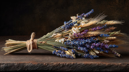 A beautiful arrangement of dried flowers including lavender, wheat, and grasses tied with twine on a rustic wooden surface, perfect for home decor.の素材