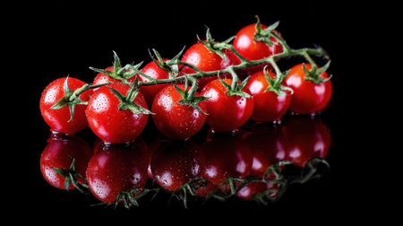 A stunning arrangement of fresh cherry tomatoes with water droplets, showcasing their vibrant red color against a black background. Ideal for food photography, recipes, and healthy eating concepts.の素材