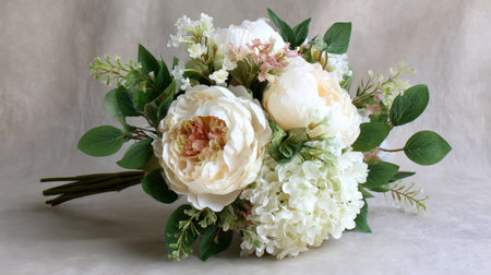 A stunning bouquet featuring white peonies and hydrangeas, beautifully arranged with lush greenery on a soft background, perfect for decoration or events.の素材