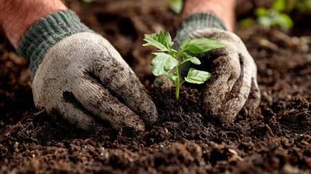 Close-up of hands wearing gloves carefully planting a green seedling in rich soil, showcasing the beauty of nature and the joy of gardening activities.の素材