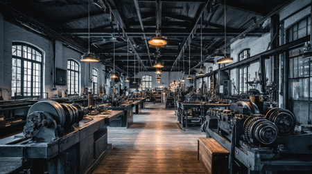 A captivating view of an expansive industrial workshop filled with vintage machines and tools, highlighting the rich craftsmanship and historical ambiance.の素材