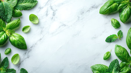 A beautiful arrangement of fresh green herbs including basil and mint on a smooth marble surface, ideal for culinary designs and healthy lifestyle themes.の素材