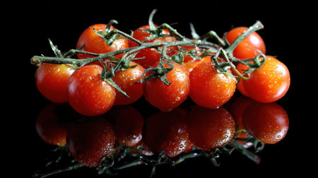 A cluster of bright cherry tomatoes gleams on a black background, showcasing their freshness with glistening water droplets and fascinating reflections.の素材