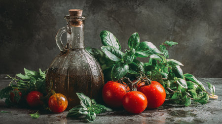 This captivating image features a glass bottle of olive oil surrounded by fresh basil and ripe tomatoes, creating a perfect culinary setting.の素材