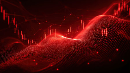 Dynamic abstract representation of data with red waves and financial graphs, symbolizing trading, analytics, and modern technology on a dark background.の素材