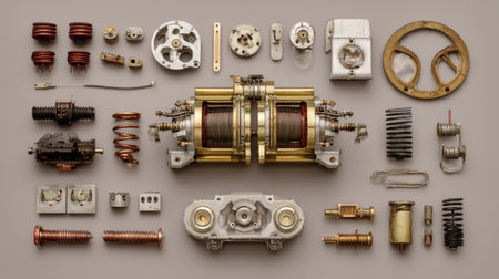 A meticulously arranged flat lay of vintage mechanical parts and components ideal for engineering and design projects, showcasing intricate details and craftsmanship.の素材