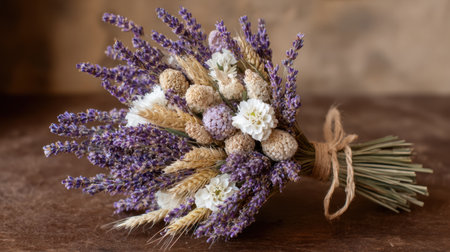 This stunning dried flower bouquet features an array of lavender, wheat, and delicate white blooms. Perfect for home decor or gifting, it adds a touch of rustic elegance to any space. Ideal for various occasions, this bouquet showcases the beauty of natural elements in a timeless design.の素材
