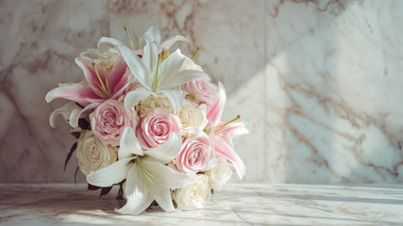 A stunning floral arrangement featuring delicate pink roses and elegant white lilies, beautifully displayed on a textured marble surface, illuminated by soft natural light.の素材
