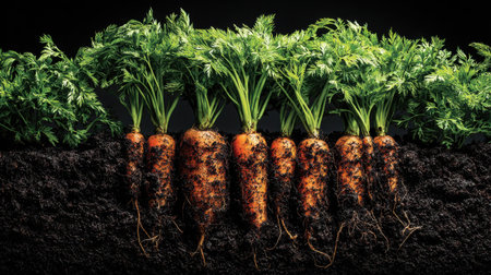 A stunning arrangement of fresh carrots with vibrant green tops, rising from dark, rich soil against a dramatic black backdrop, highlighting farm freshness.の素材