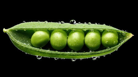 A close-up image of fresh green peas in a pod, glistening with water droplets. This vibrant photograph highlights the beauty and freshness of natural produce, perfect for culinary or health-related uses.の素材