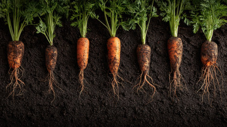 This image showcases a row of fresh carrots emerging from rich soil, highlighting the beauty of organic farming and the connection between earth and produce.の素材