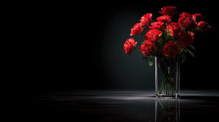 A stunning display of red roses in a clear glass vase, creating a captivating focus against a dark background that adds elegance to any setting.の素材