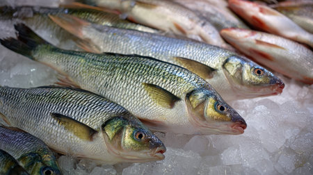 Fresh fish displayed on ice at a seafood market, showcasing their vibrant colors and texture, ideal for culinary use in various delicious recipes.の素材