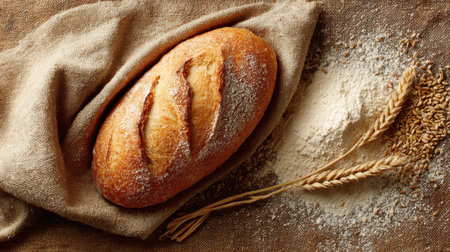 A beautifully crafted artisan bread loaf rests on a rustic cloth, accented by flour and wheat grains, symbolizing traditional baking techniques.の素材
