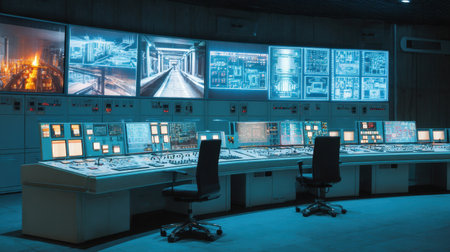 A modern control room in an industrial facility featuring advanced technology, high-tech screens, and detailed monitoring equipment for efficient management and operations.の素材