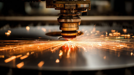 A close-up view of a laser cutting machine in a busy industrial workshop, showcasing sparks flying as it cuts through metal material with precision and speed.の素材