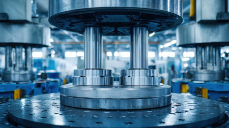 Close-up view of heavy-duty industrial machinery showcasing metal components and precision engineering in a modern manufacturing facility.の素材