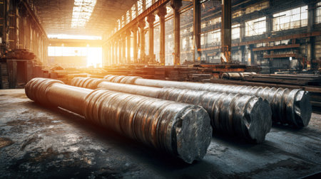 A captivating view of large metal rods resting on a workbench within an expansive industrial warehouse, illuminated by the soft glow of golden hour sunlight.の素材