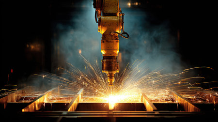 A dynamic industrial scene featuring a robotic arm performing welding on metal workpieces. Sparks fly amidst smoke, capturing the essence of modern manufacturing.の素材