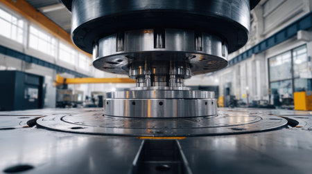 This image showcases an industrial machining setup with a precision tooling component in a factory environment, highlighting advanced manufacturing technology.の素材