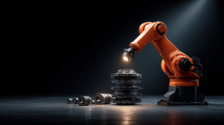 A captivating image of an industrial robotic arm engaging with various mechanical components in a dimly lit workshop, emphasizing innovation and precision in manufacturing.の素材
