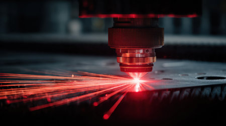 A close-up view of a laser cutting machine showcasing a bright red laser beam cutting through a metal sheet. The image captures the precision and technology in modern manufacturing.の素材