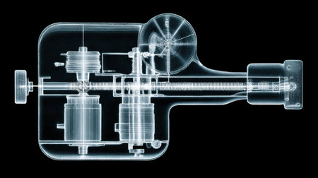 This X-ray image provides a detailed view of intricate mechanical engine components, showcasing their design and functionality essential for understanding engineering principles.の素材