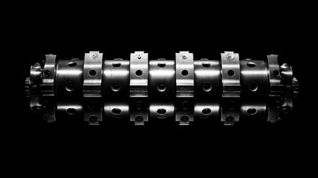 Close-up view of a sleek metallic cylindrical component featuring grooves and holes, beautifully reflecting against a black background in an industrial environment.の素材