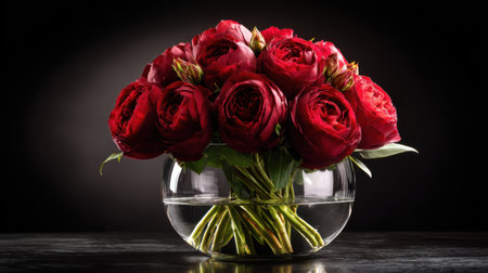 This striking image features a bouquet of vibrant red roses arranged in a clear glass vase filled with water, set against a dark background, symbolizing elegance and romance.の素材