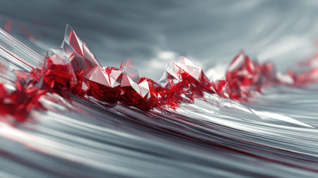 This stunning abstract image features a red crystal formation against a smooth silver background, showcasing dynamic flow and vibrant light reflections.の素材