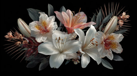Discover an exquisite arrangement of colorful flowers including lilies, set against a striking black background. Perfect for decor, art projects, or floral design inspiration.の素材