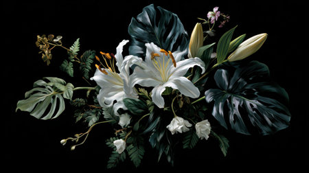 This stunning floral arrangement features elegant white lilies complemented by lush green leaves and exotic foliage, set against a striking black background.の素材
