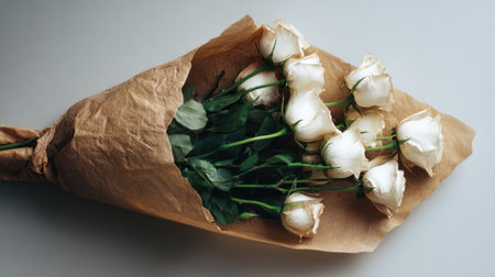 A stunning arrangement of elegant white roses beautifully wrapped in natural craft paper, perfect for enhancing any event or special occasion.の素材