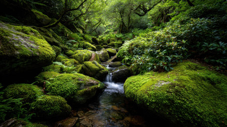 A breathtaking view of a serene stream meandering through a vibrant forest, showcasing lush greenery and moss-covered rocks. This tranquil setting invites relaxation and appreciation of nature's beauty.の素材