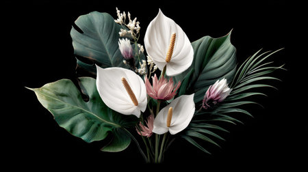 This stunning arrangement of elegant white flowers and vibrant green leaves captures the essence of nature's beauty against a striking black background. Perfect for decor!の素材