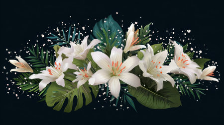 This stunning floral arrangement showcases exquisite white lilies surrounded by lush tropical leaves, creating a harmonious and elegant design perfect for various uses.の素材