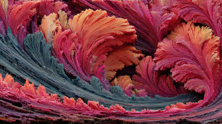 This mesmerizing image features dynamic waves of colorful fractal patterns, showcasing intricate textures and vibrant hues that evoke a sense of movement and beauty.の素材