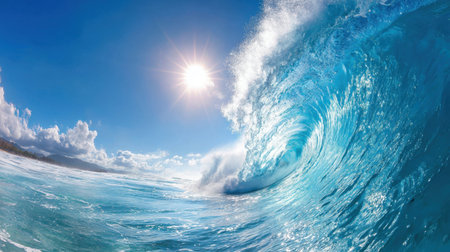 Experience the breathtaking beauty of a massive ocean wave crashing against the shore, illuminated by bright sunlight under clear blue skies.の素材
