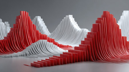 A stunning abstract 3D landscape featuring vibrant red and white cardboard waves. This artwork showcases peaks and valleys with a modern aesthetic. Ideal for creative projects, this image combines texture and color in a unique way, perfect for backgrounds or artistic inspiration.の素材