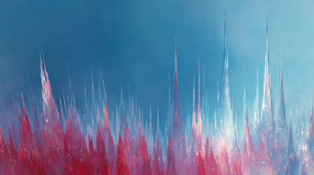 This abstract digital artwork features vibrant red and blue spikes reaching upward against a soft blue background. The composition offers a modern, artistic vibe perfect for inspiring creativity and decoration.の素材
