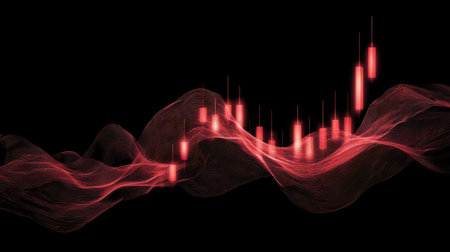This abstract image features a vibrant red candlestick graph representing stock market trends, enhanced by flowing wave patterns on a black background.の素材