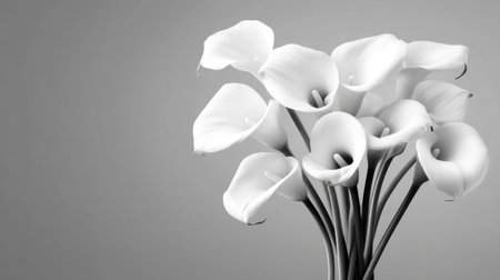 A stunning arrangement of elegant white calla lilies presented in a monochrome style against a soft gray background, highlighting natural beauty and simplicity.の素材