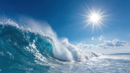 A stunning image of a powerful ocean wave crashing under bright sunlight. The clear blue sky and fluffy white clouds create a serene backdrop, enhancing the beauty of this natural scene.の素材