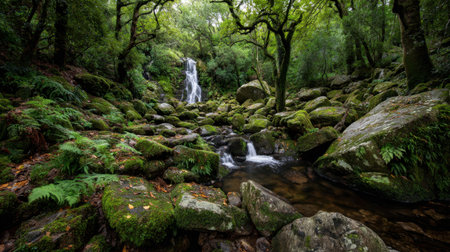 A stunning waterfall cascades down moss-covered rocks, surrounded by vibrant greenery in a tranquil forest setting. The serene atmosphere invites exploration.の素材